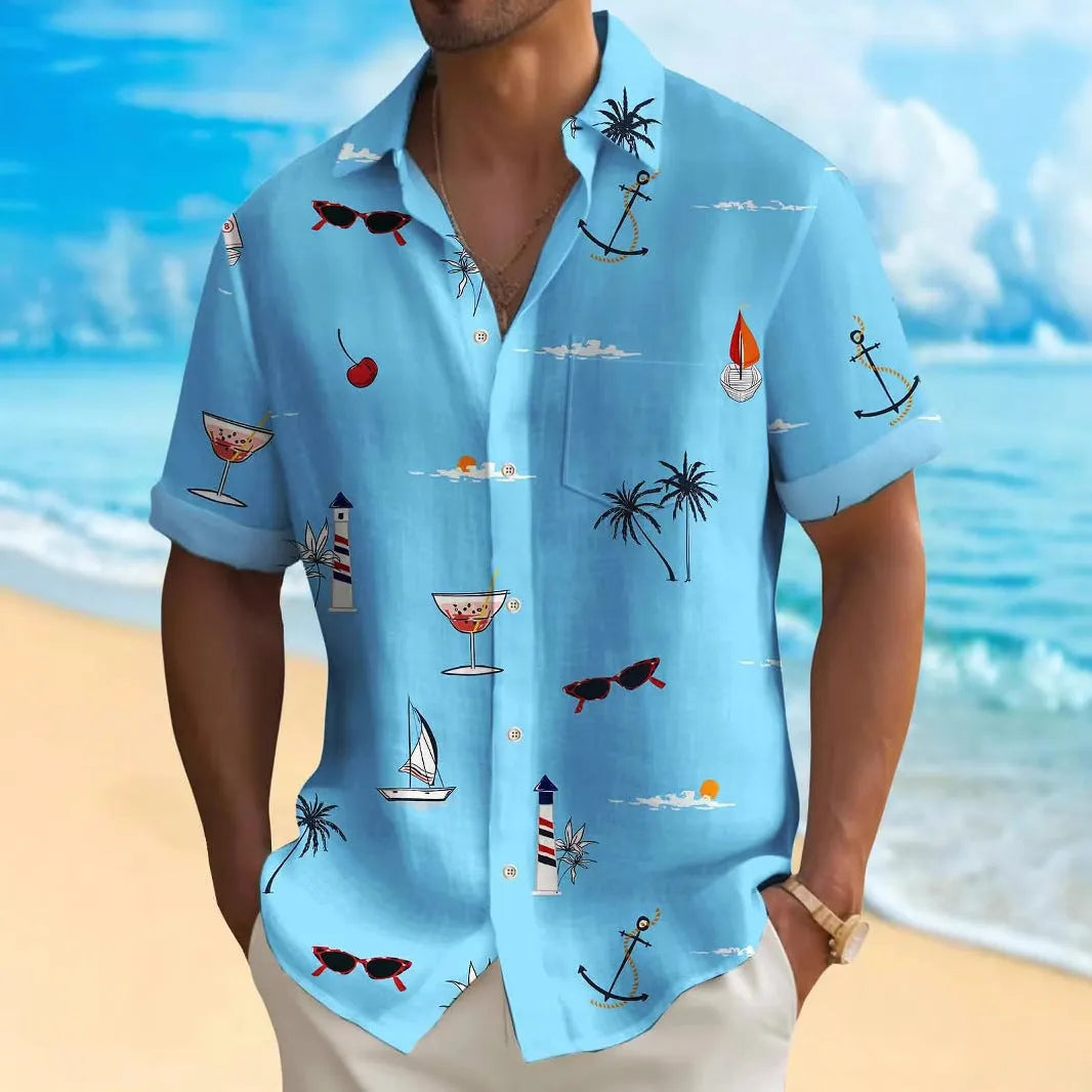 Men's loose fit Hawaiian shirt with colourful digital print pattern and short sleeves