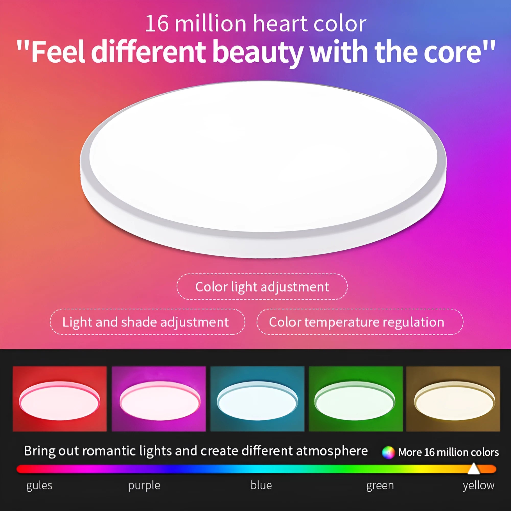 Black and white versions of a round RGBCW smart Bluetooth ceiling lamp with full colour and dimming control.