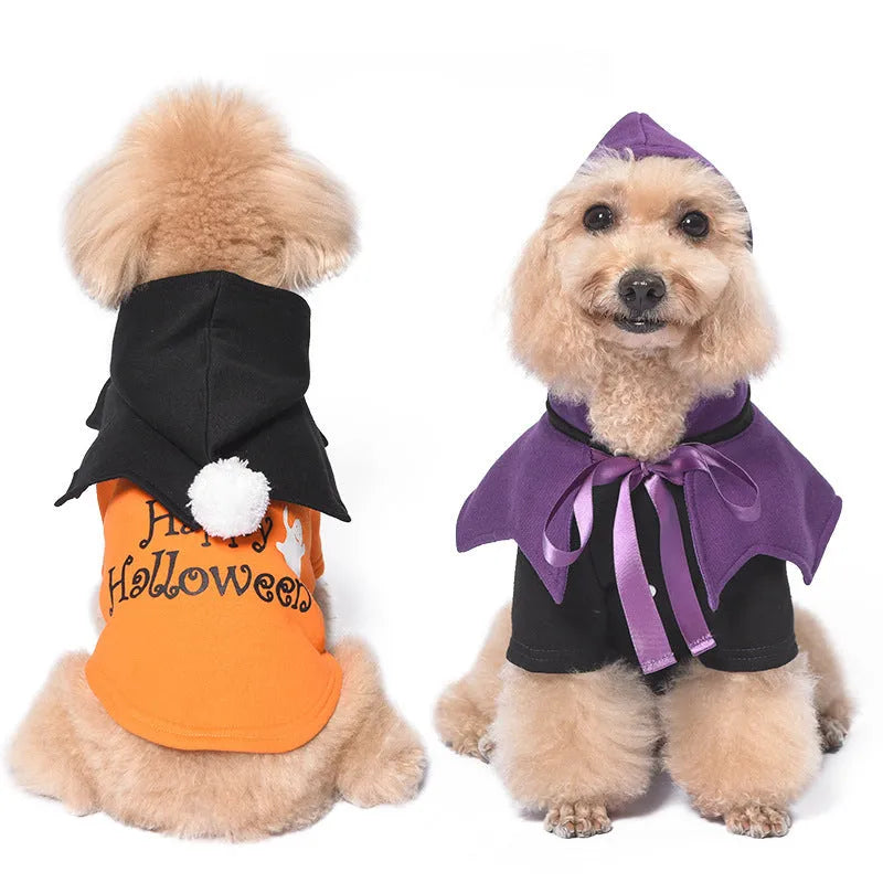 Orange and black Halloween pumpkin two-piece dog costume sweater and shawl set.