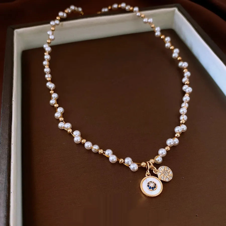 Golden white real gold electroplated necklace with geometric round zircon pearl pendant on adjustable clavicle chain