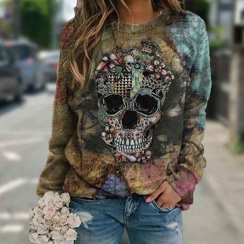 Black men's sweatshirt with skull print design and long sleeves