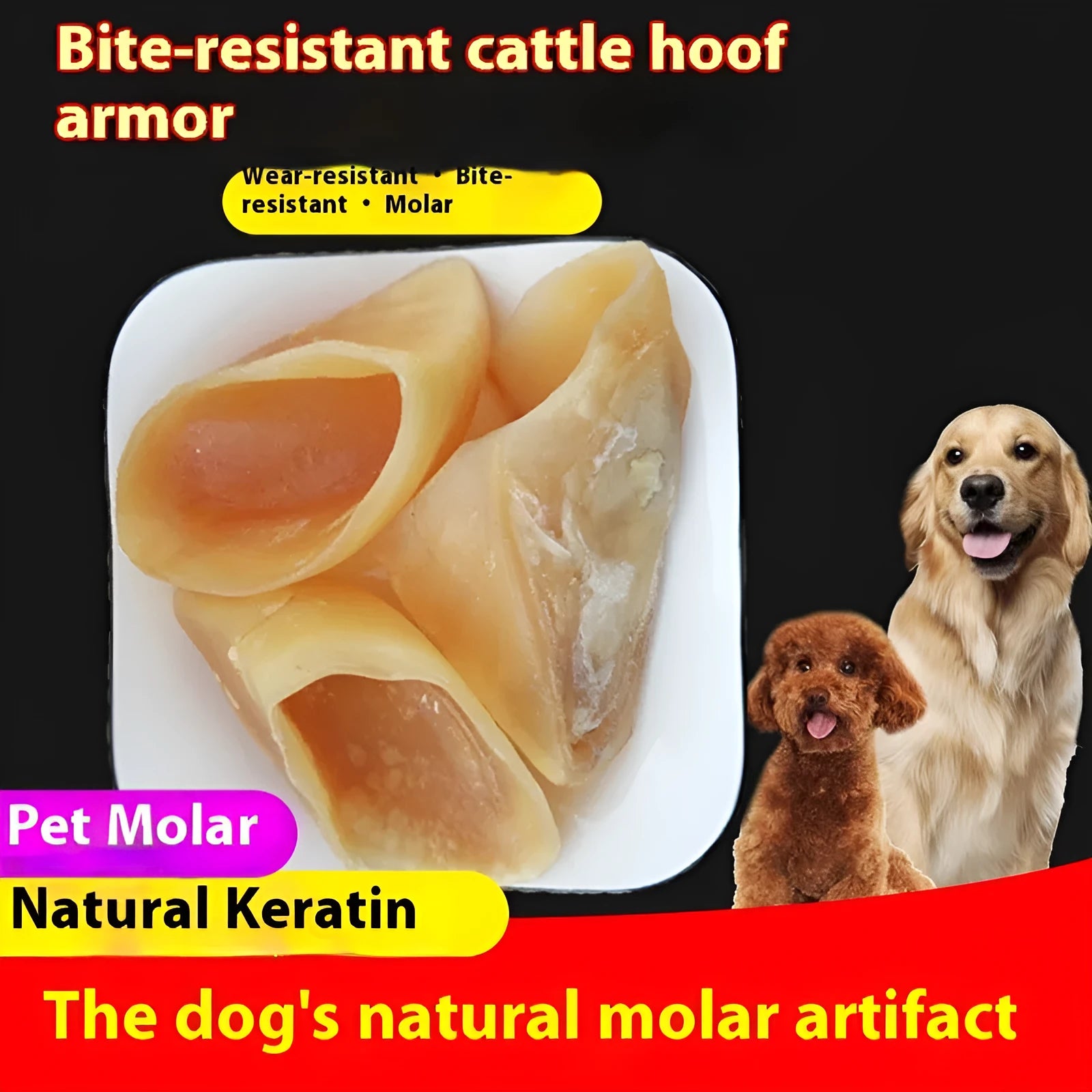 Cowhide dog dental chew in hoof shell colour, showing textured surface and two size options