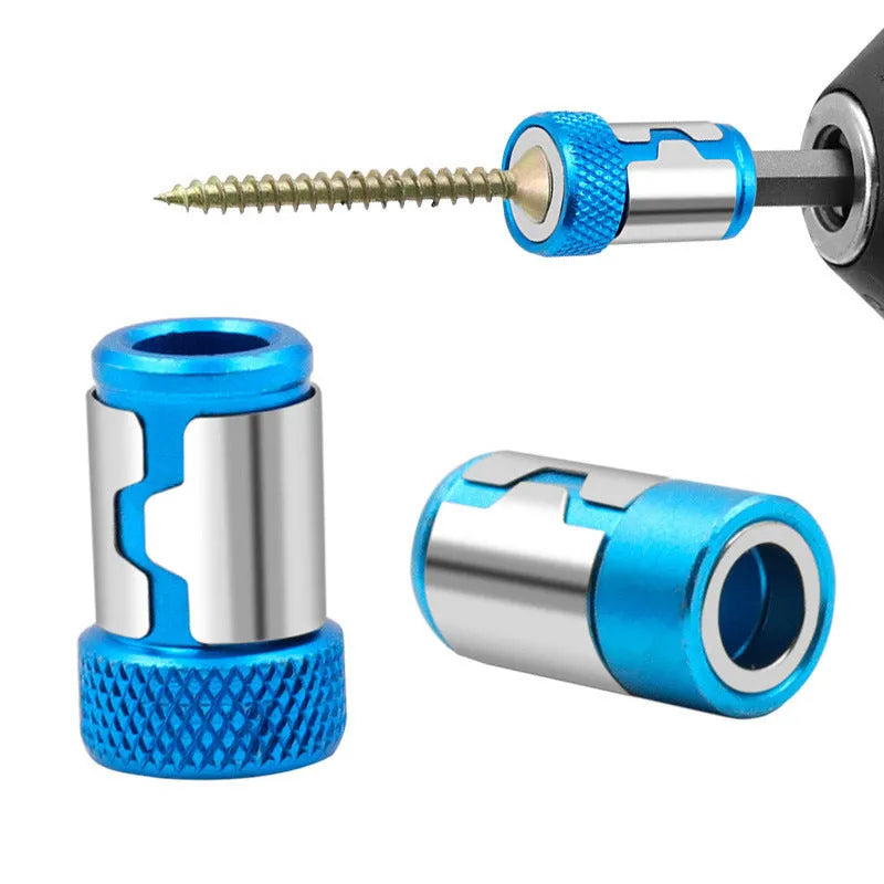 Light blue slotted screwdriver bit with a magnetic ring on a high carbon steel shaft.