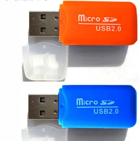 Small white Mini USB TF Card Reader with a USB-A plug and a microSD card slot