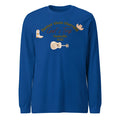 Men's blue loose fit polyester sweater with printed letter patterns and round neck