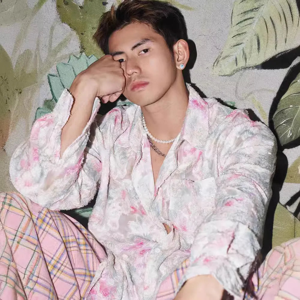 Pink and blue floral long sleeve shirt with embossing texture and loose fit