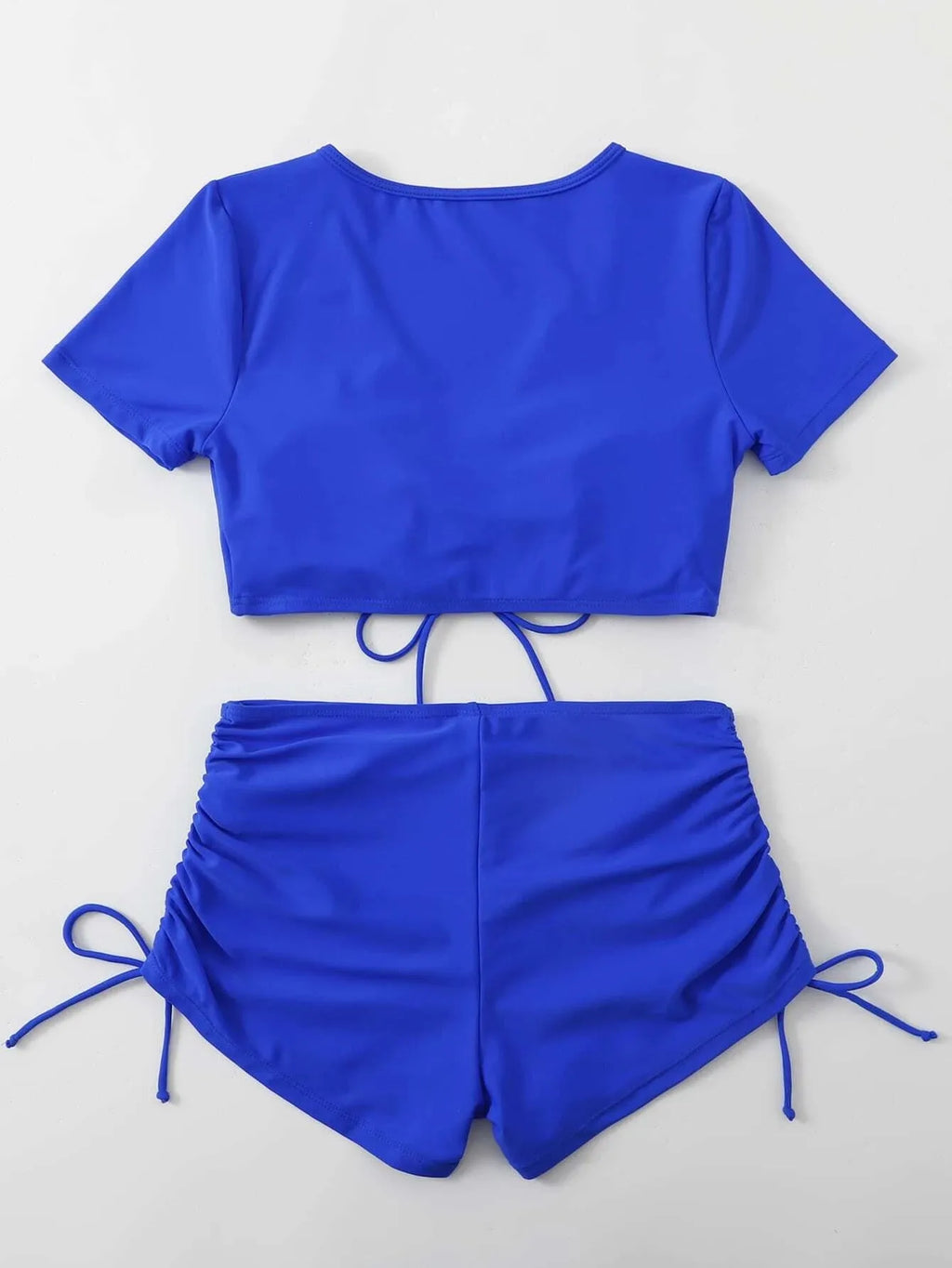 Women's lace-up bow two-piece swimsuit in polyester with matching top and shorts