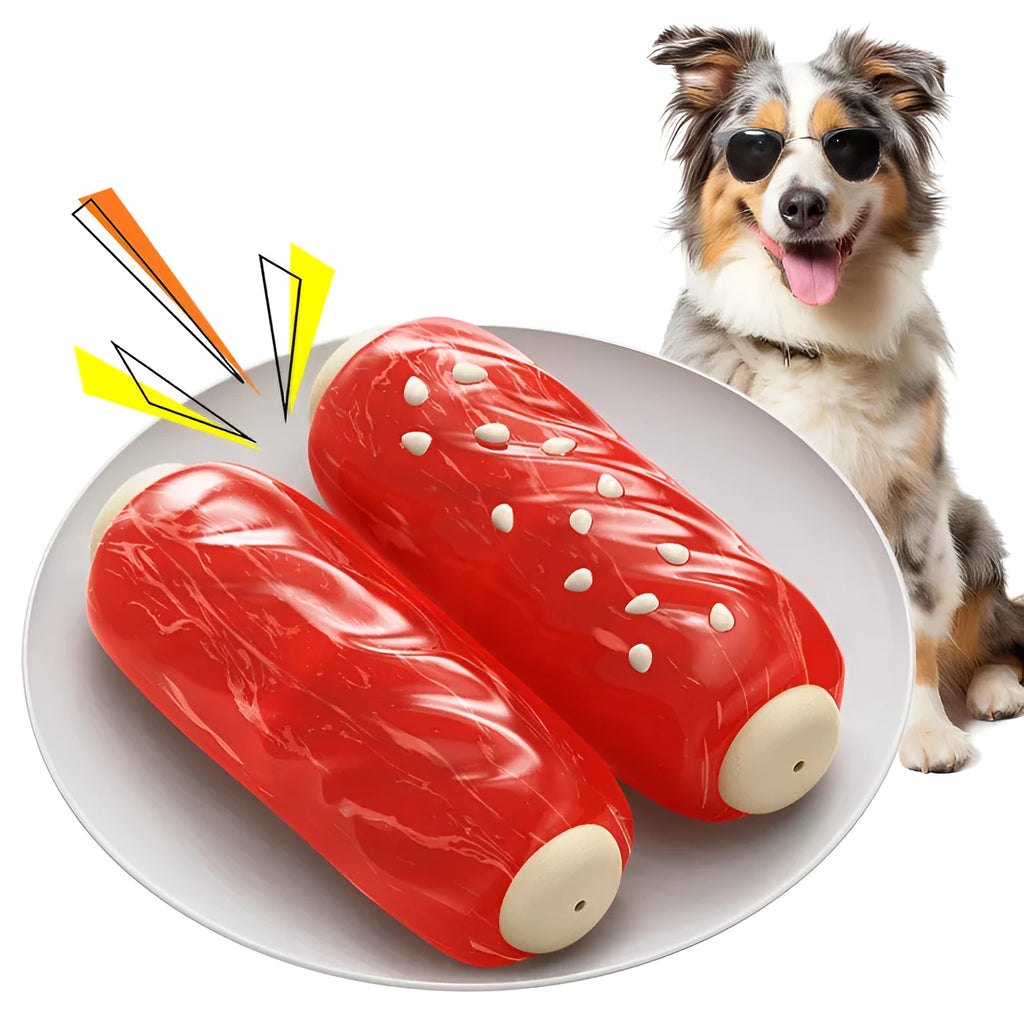 Primary colour plastic molar rod dog chew toy for dental cleaning and teething relief.