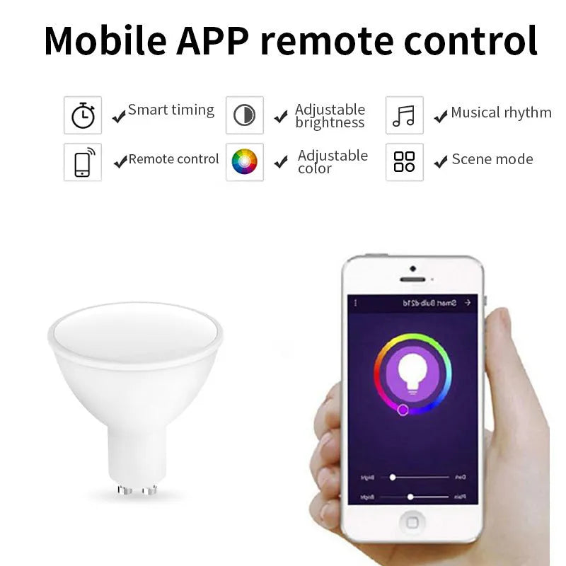 Smart RGBCCT GU10 spotlight bulb with WiFi connectivity for voice control