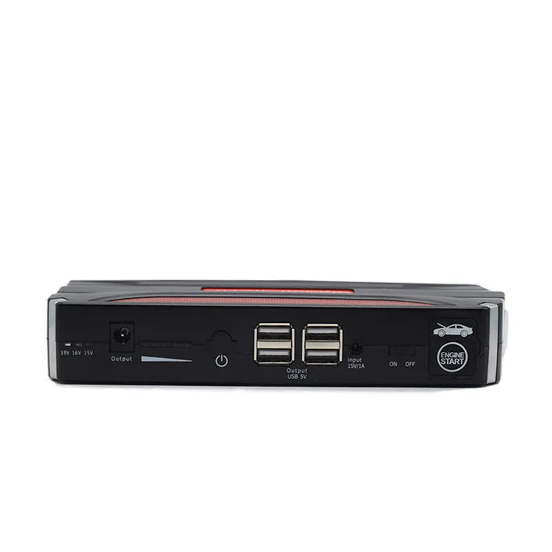 Black red 12V vehicle emergency starting power supply with 7800mAh battery capacity measuring 178x80x30mm