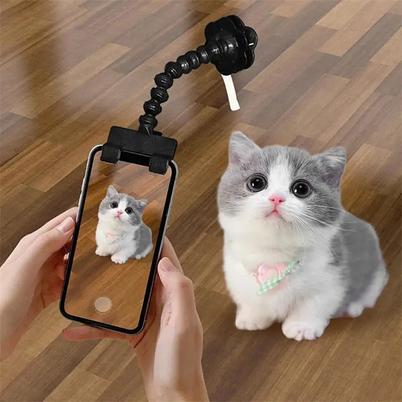 Black pet photography tool with a clip for holding treats and a phone holder on a rotating support