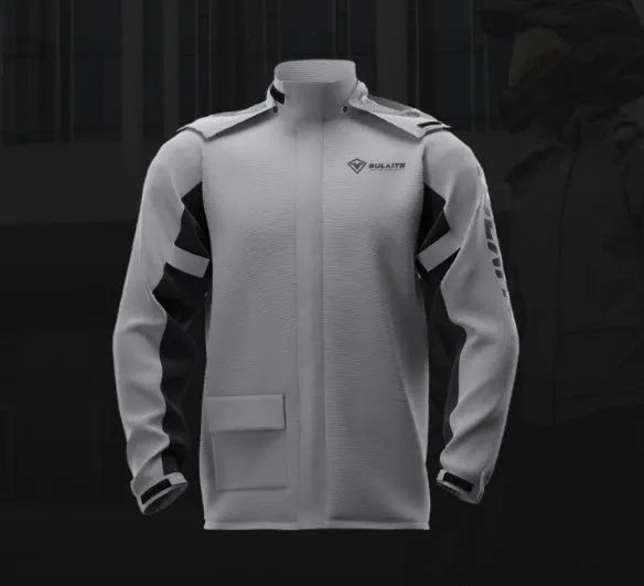 Adult motorcycle waterproof rain suit set showing split-style raincoat and trousers with shoe covers