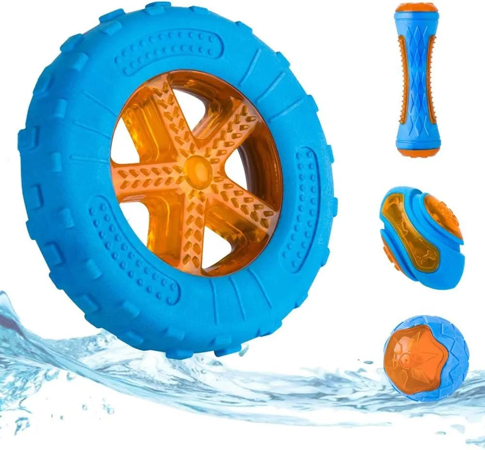 Set of three TPR floating squeaky dog toys: a red ball, blue barbell, and orange tyre with bumpy textures.