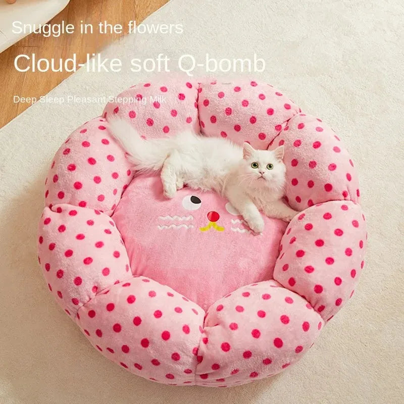 Pink cat bed cushion with dot pattern showing two size options for cats up to 20 pounds