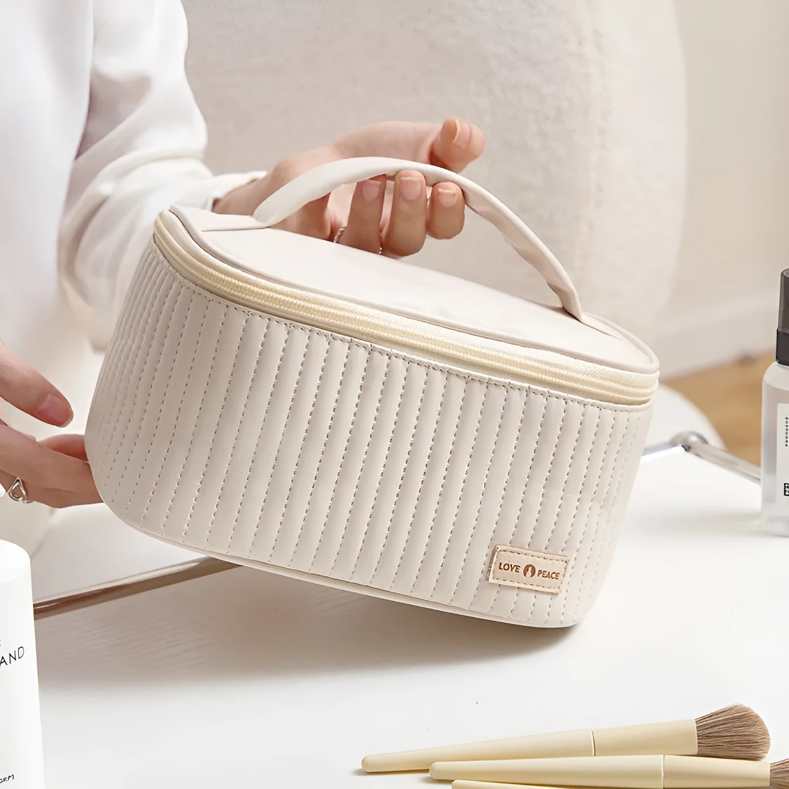 Open-top rectangular makeup bag in pastel PU leather showing quick-access design