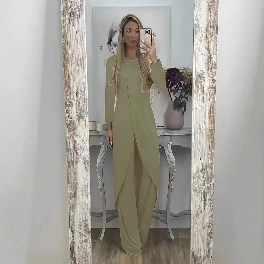 Casual long sleeve top and loose trousers two-piece lounge set in khaki colour