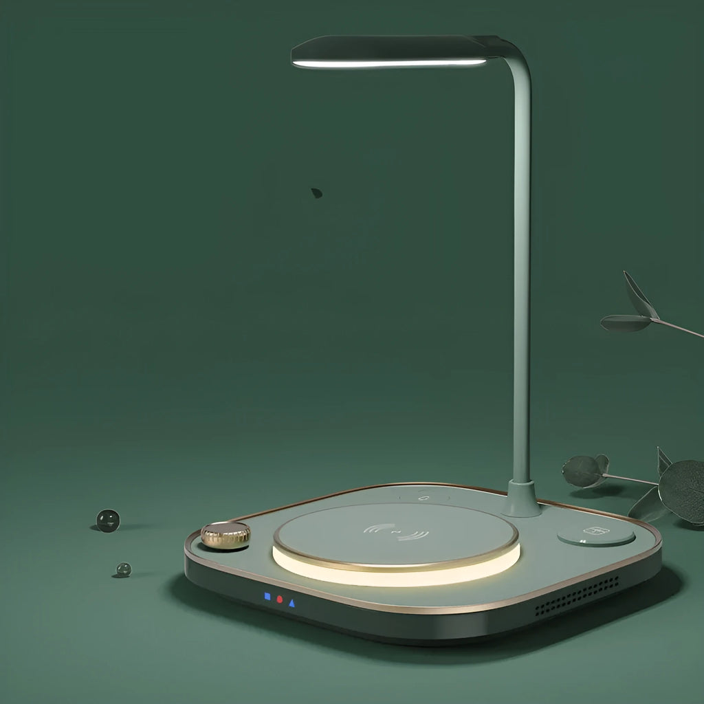 Black three-in-one wireless magnetic charger and desk lamp with 15W fast charging and Type-C cable.