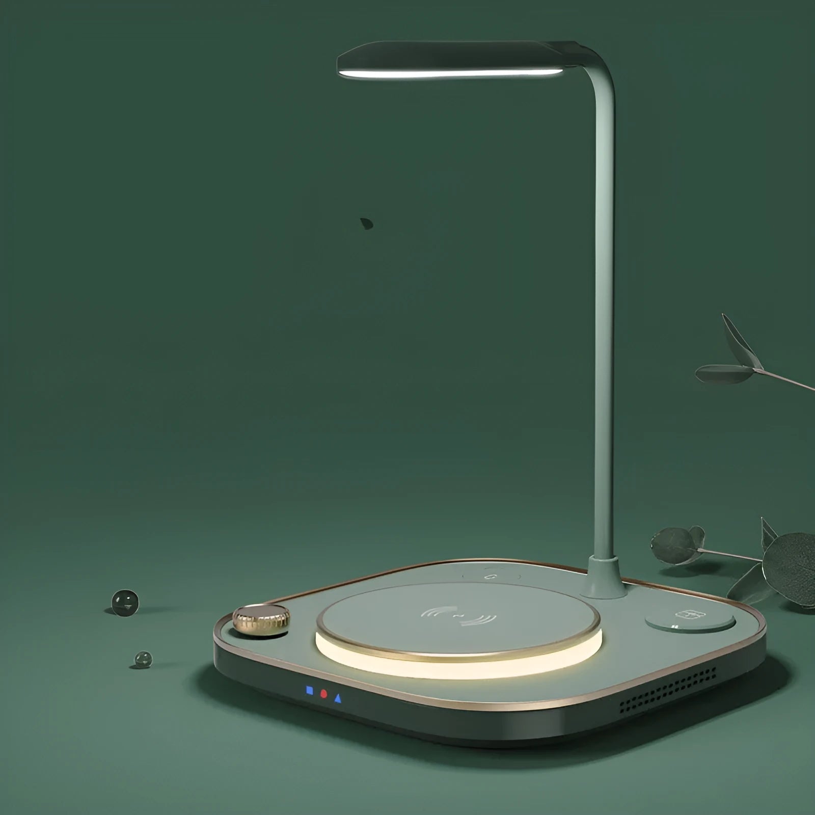 Black three-in-one wireless magnetic charger and desk lamp with 15W fast charging and Type-C cable.