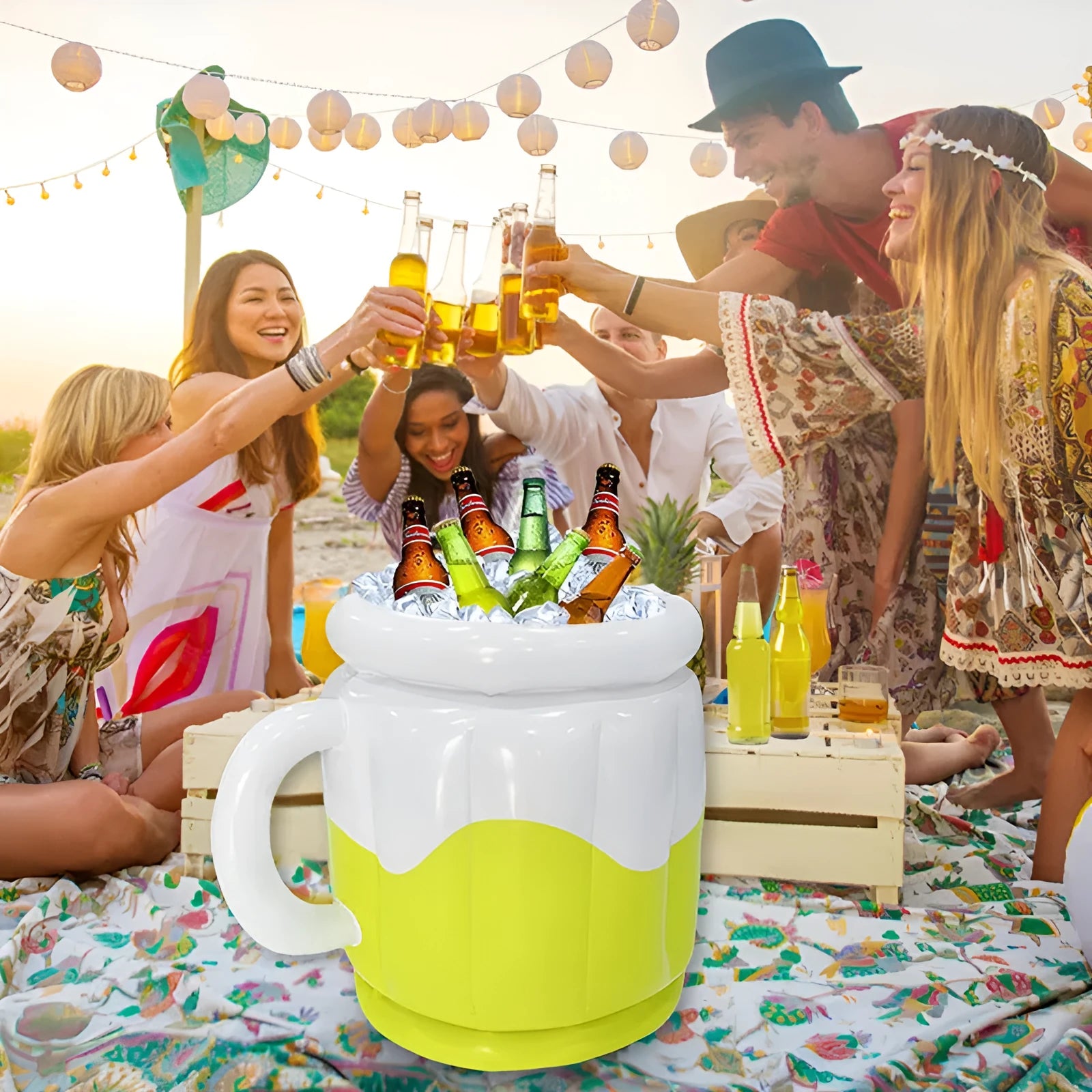 Yellow inflatable PVC ice bucket for beer and drinks at outdoor parties and camping