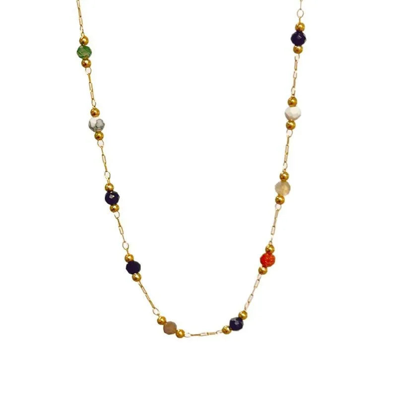 Gold electroplated titanium steel necklace with natural stone pendant on O-ring chain for women