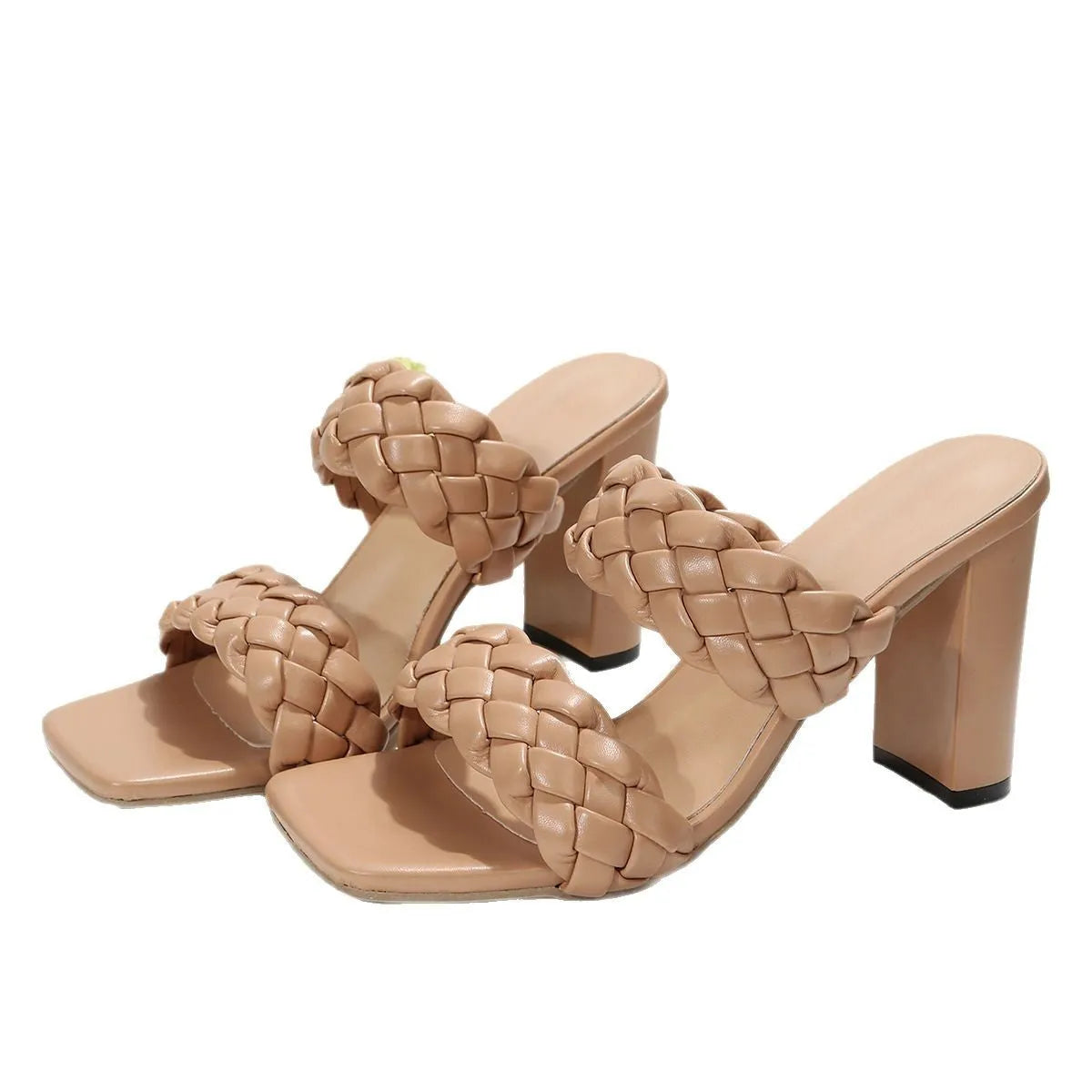 Square toe flip-flops with chunky heel and woven twisted straps in white and apricot colours.