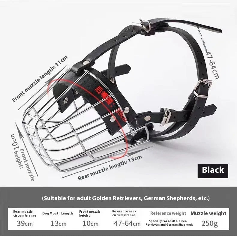 Black metal wire mesh dog muzzle designed for golden retrievers and German shepherds.