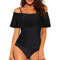 Black one-piece swimsuit with cut-out detailing and ruffled strap tube top design