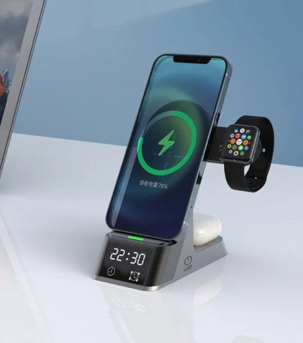 Black multifunctional alarm clock with wireless charging station for phone, Apple Watch, and earbuds