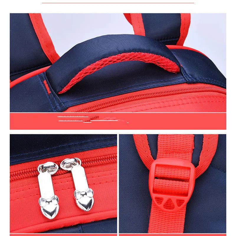 Blue cartoon print children's nylon school backpack with pencil case, shown with front pocket.