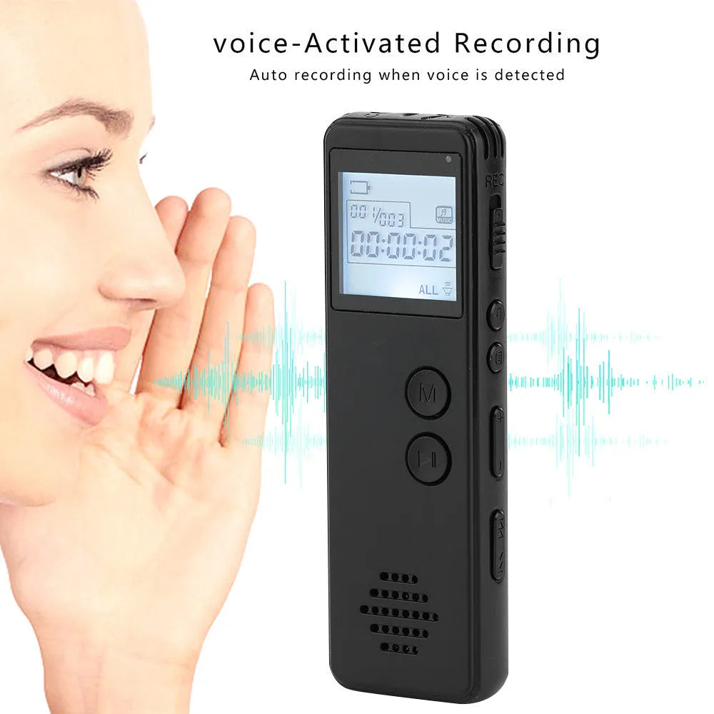 Black digital voice recorder with screen, measuring 88mm long, for MP3 recording with noise reduction.