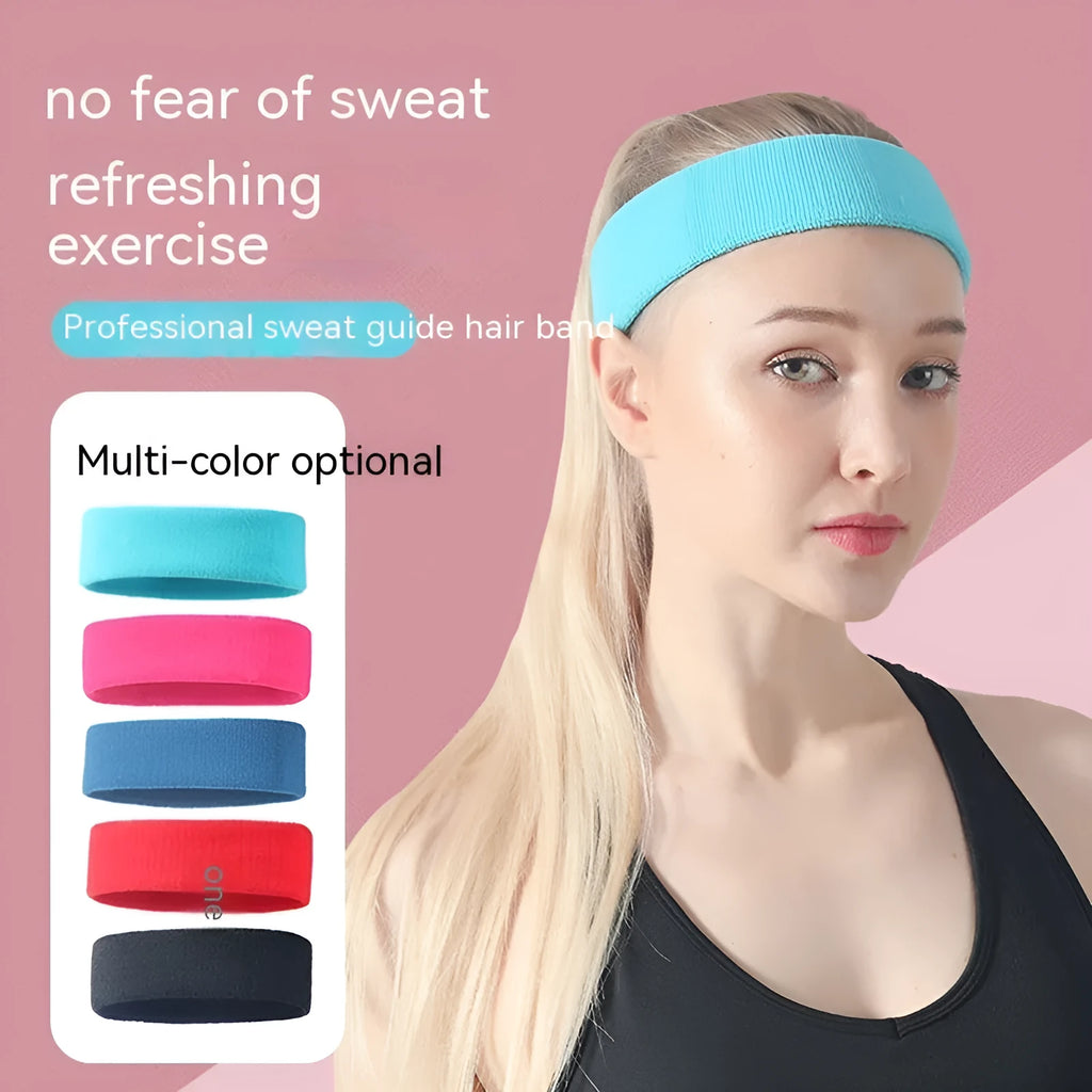 Solid colour elastic sports sweat headband in black, red, blue, rose red, or sky blue.