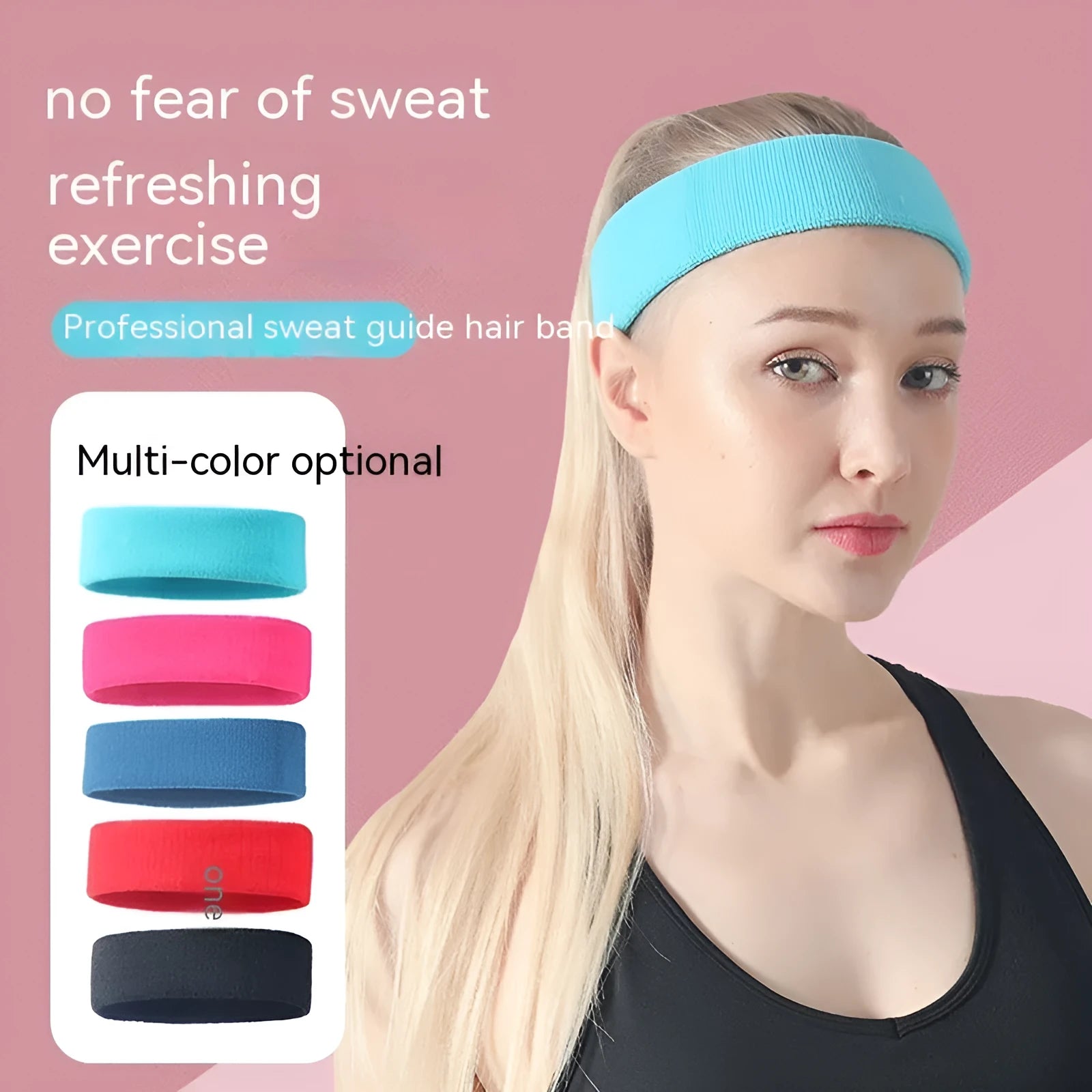 Solid colour elastic sports sweat headband in black, red, blue, rose red, or sky blue.