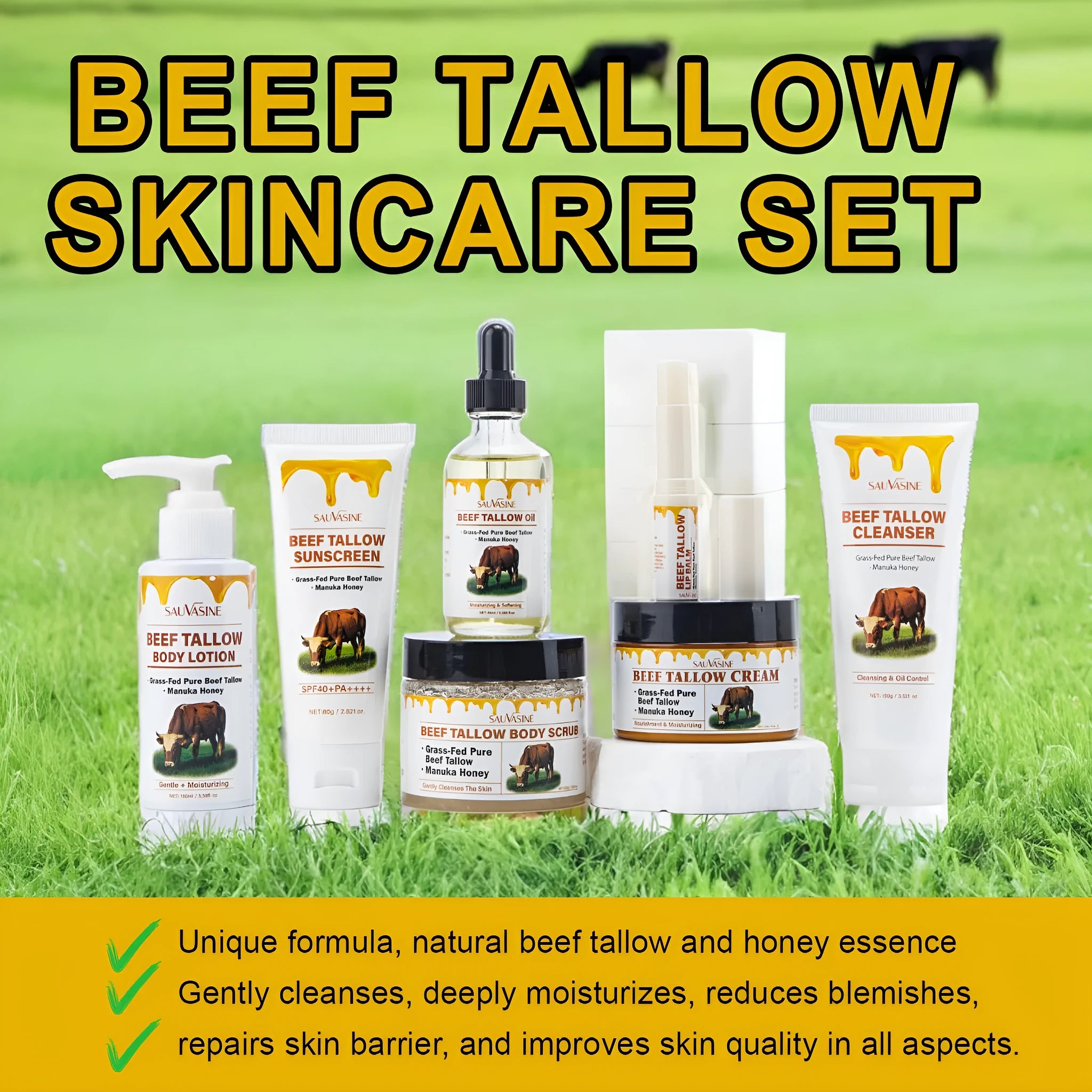 Butter Honey seven-piece facial care set with cleanser, cream, lotion, scrub, lipstick, protective cream, and beef fat product.