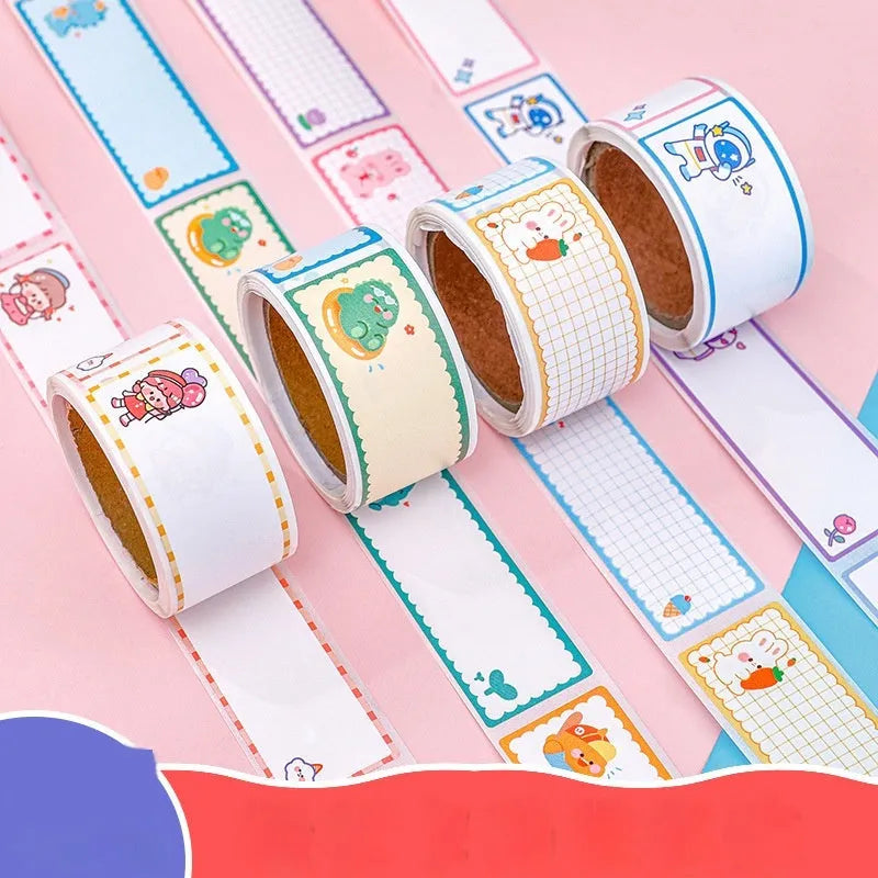 Roll of creative cartoon tape name stickers with dinosaur, astronaut, rabbit and girl designs for student organisation