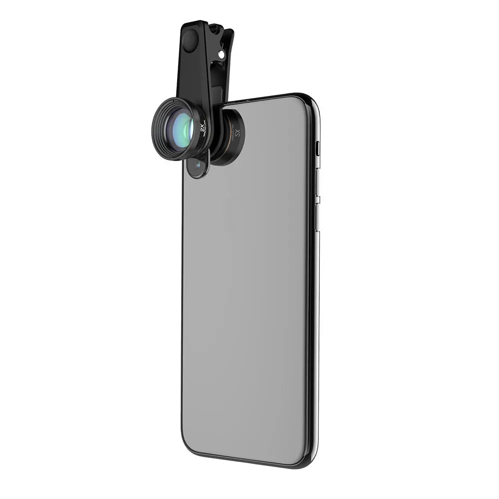 Black 6-in-1 smartphone camera lens kit with universal clip attachment showing fisheye, macro, wide-angle and telephoto lenses