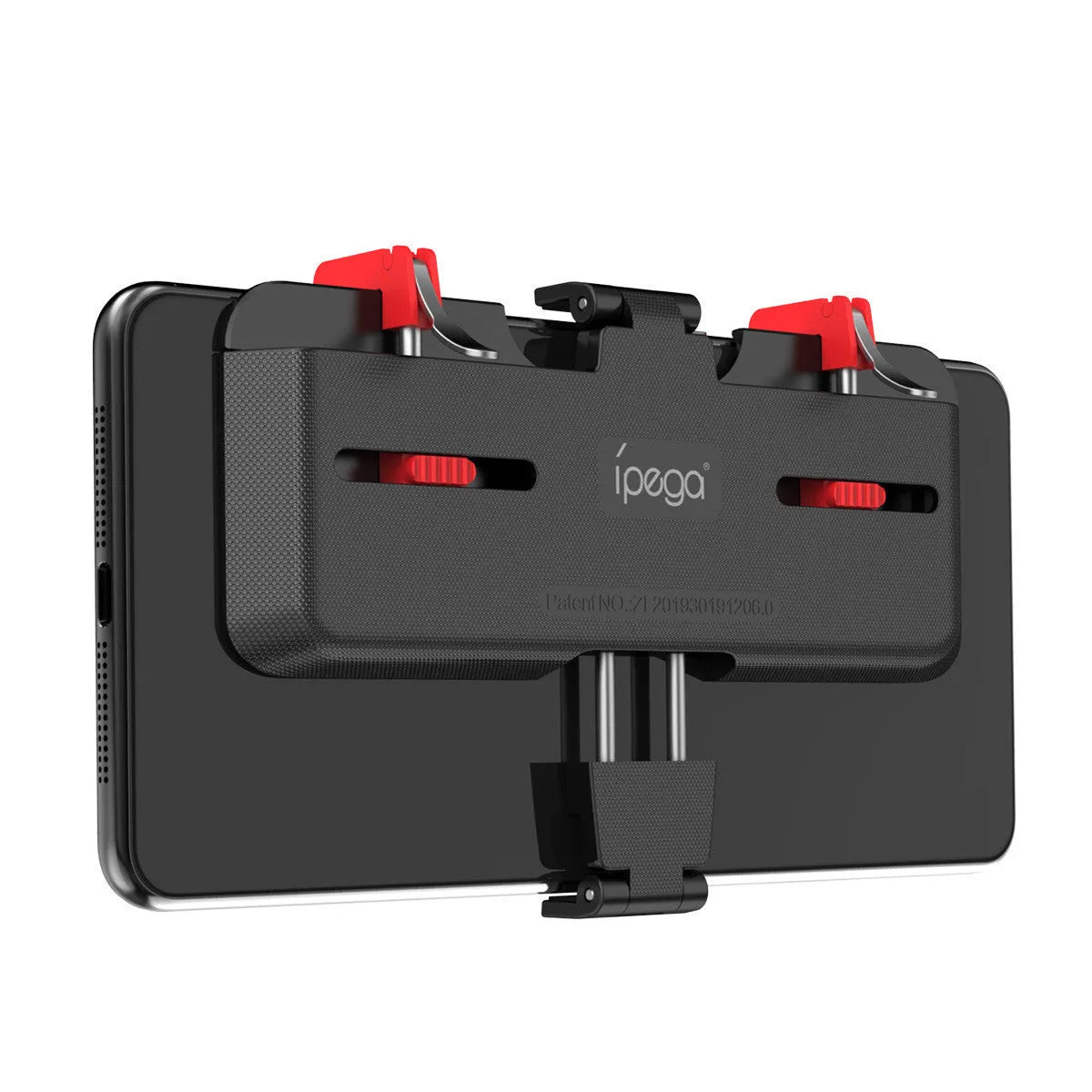 Black mobile phone gaming trigger handle bracket with pull-out concealed trigger and adjustable telescopic phone clip.