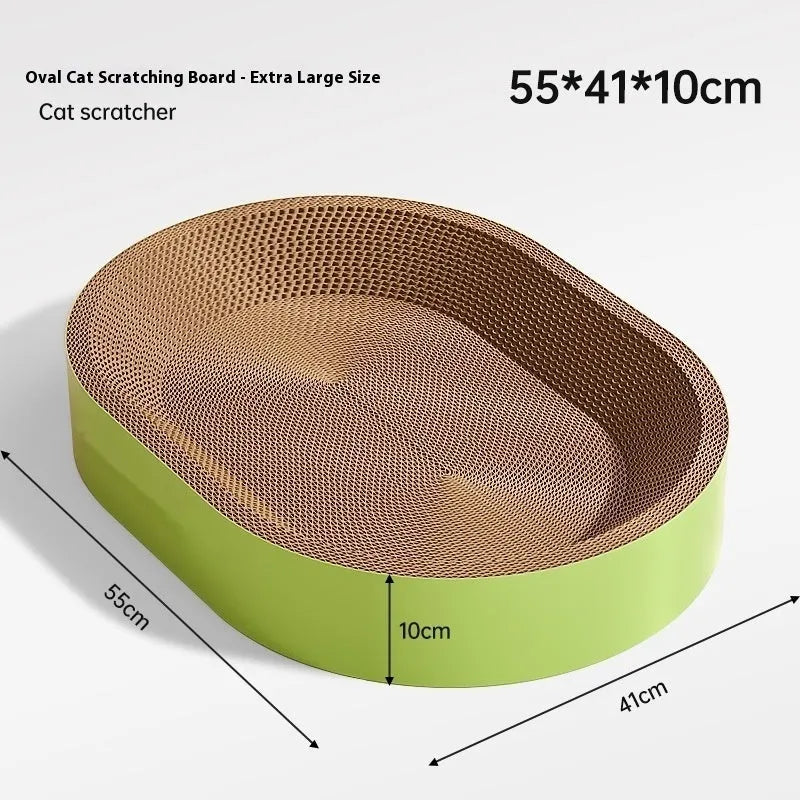 Green oval cat scratch nest measuring 55cm diameter made from corrugated paper