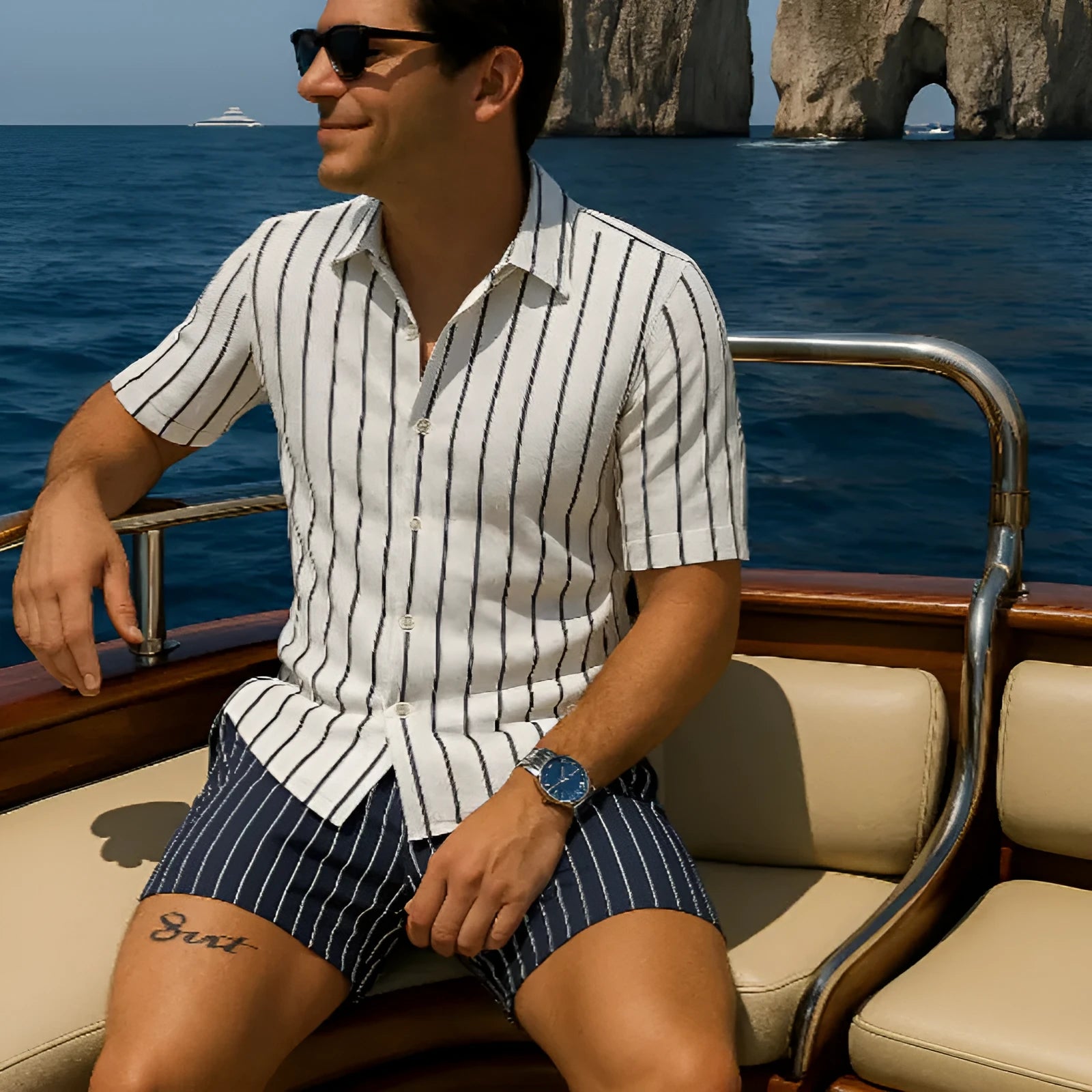 Men's elastic beach shirt and shorts set in casual style with anti-wrinkle properties