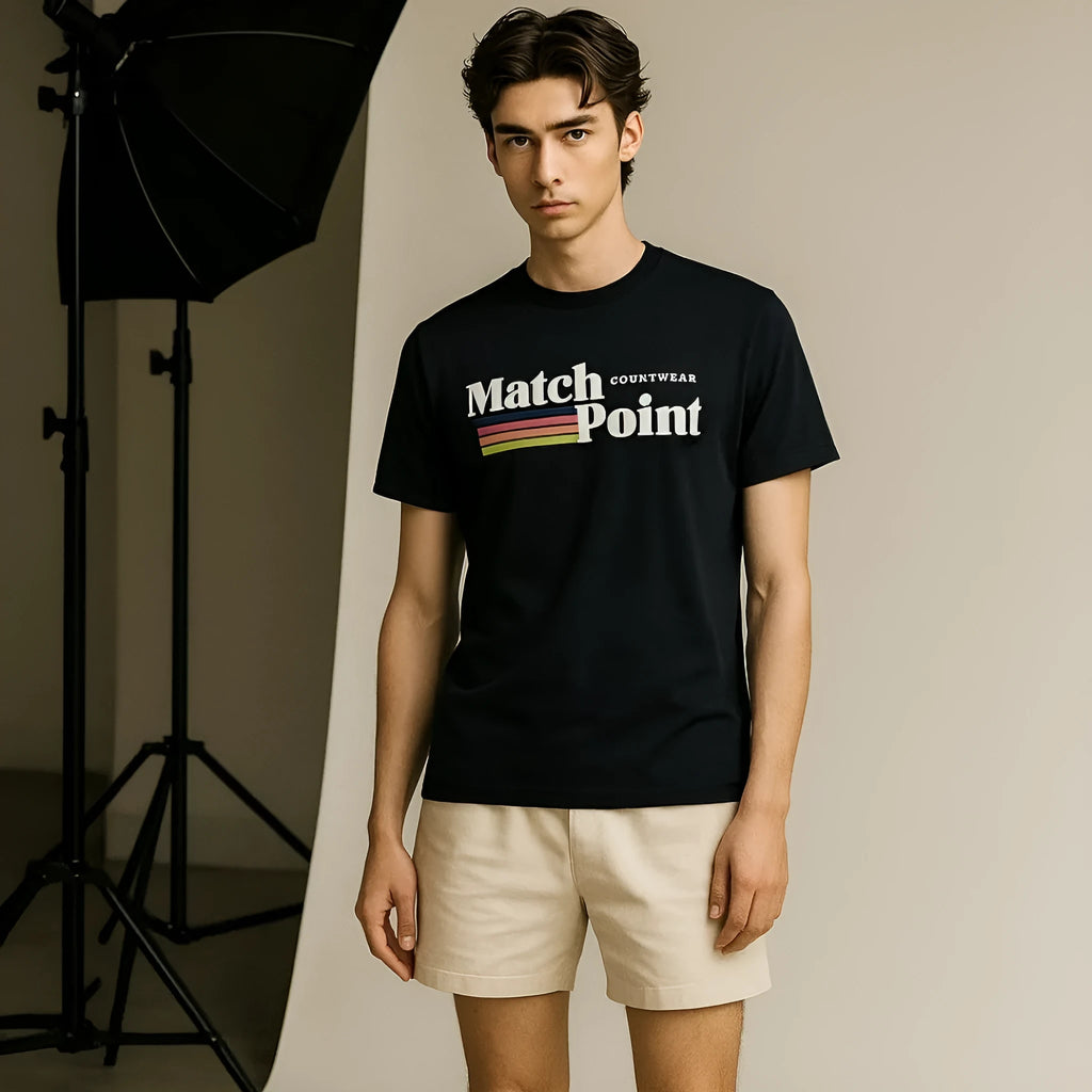 Black men's t-shirt with a bold 3D digital printed pattern, round neck, and short sleeves.