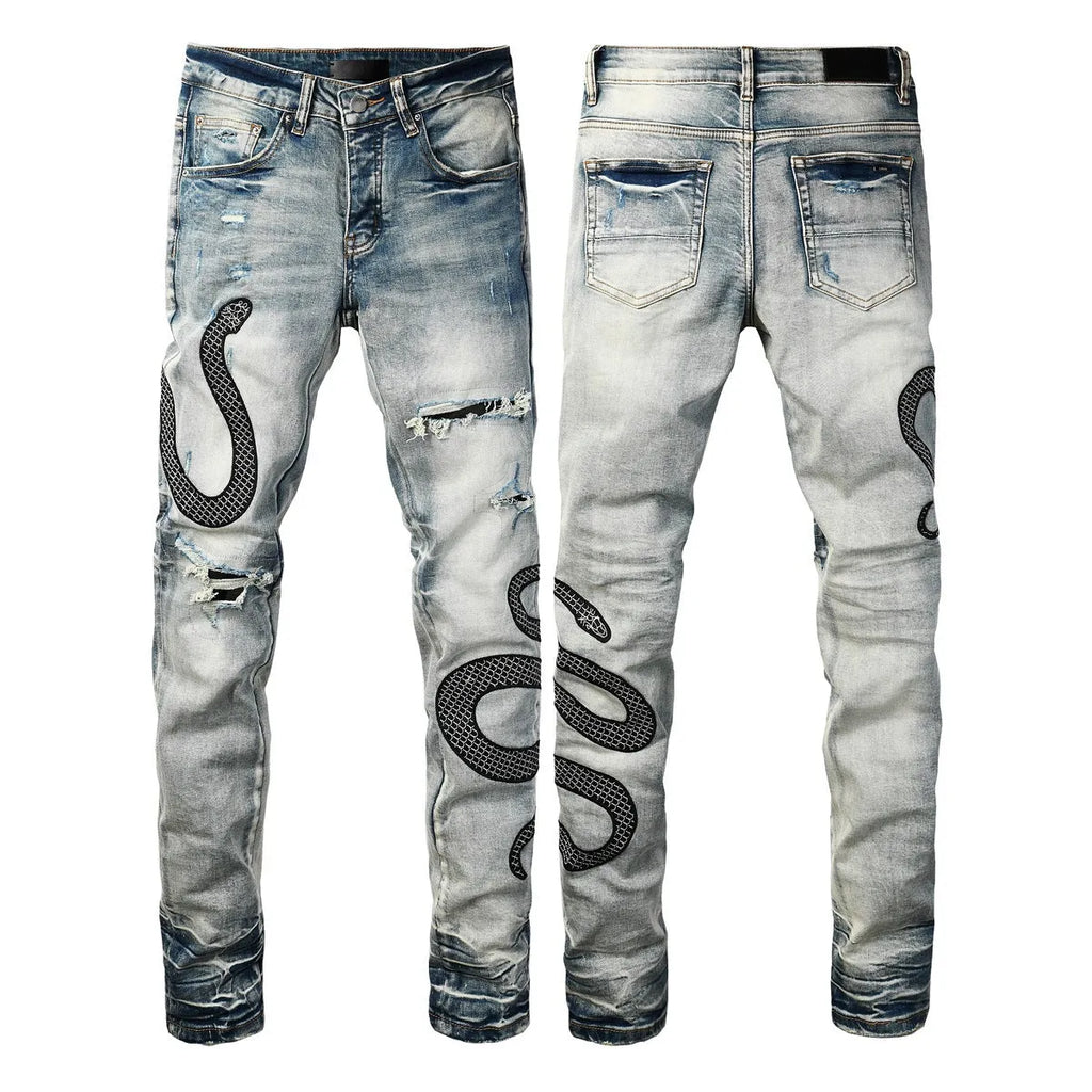8934Blue distressed skinny jeans with button fly and mid-waist street fashion styling