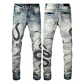 8934Blue distressed skinny jeans with button fly and mid-waist street fashion styling