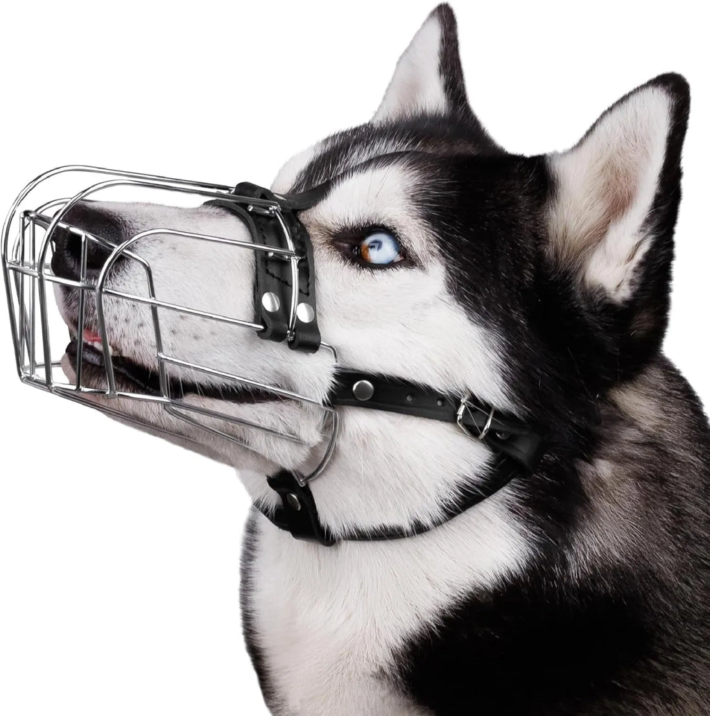 Black metal wire mesh dog muzzle designed for golden retrievers and German shepherds.