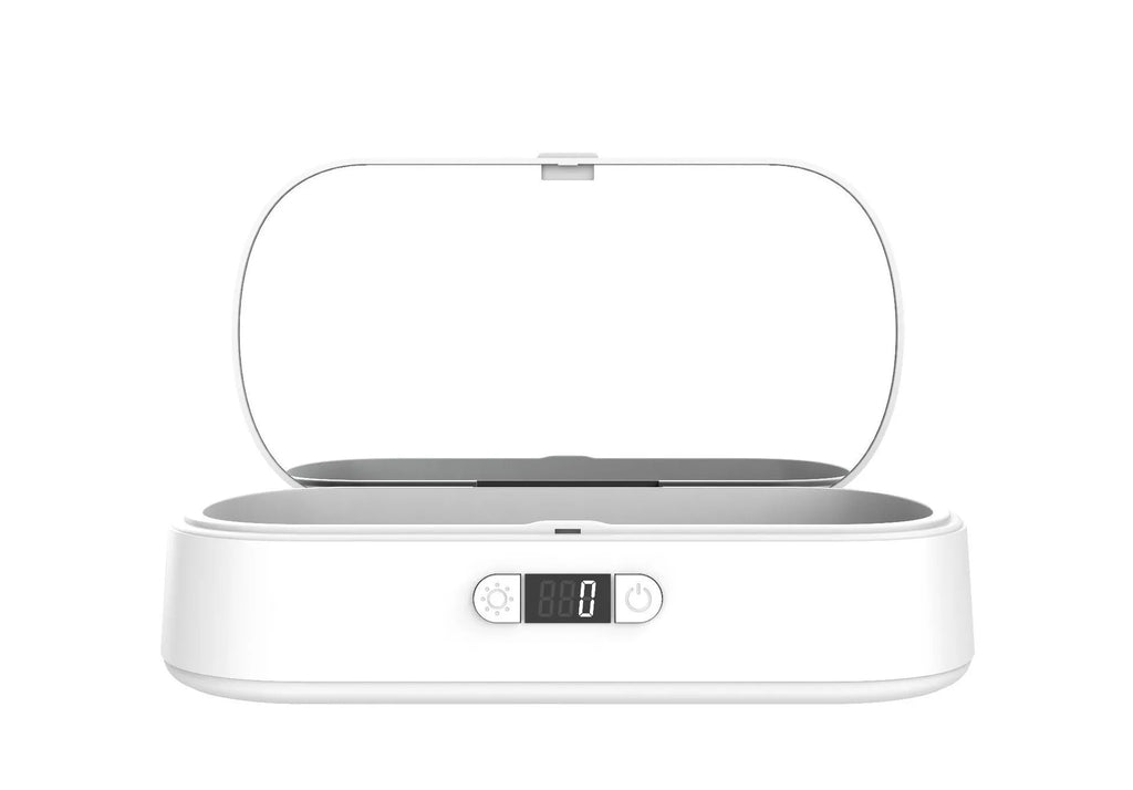 White ABS plastic UV wireless steriliser and charging box for phones and jewellery