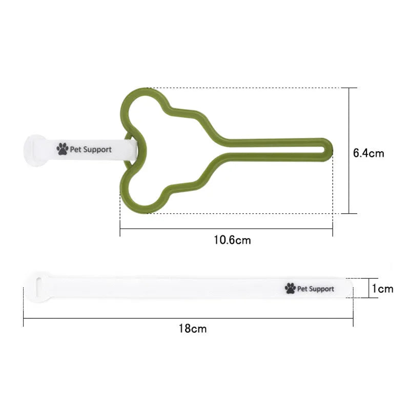Dog poop bag holder with fixed clip and adjustable Velcro fastener on a leash.
