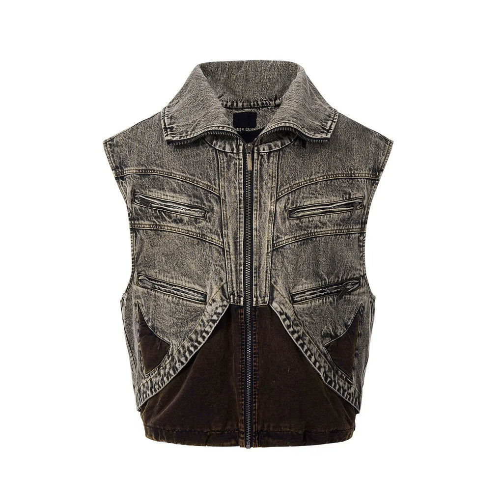Men's splicing denim vest jacket with front zipper and sleeveless summer design