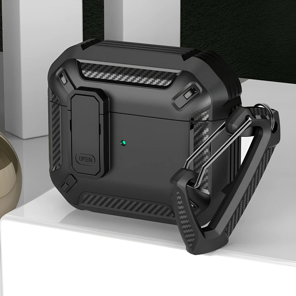 Two-tone black and yellow plastic AirPods protective case with a metal hook attached.