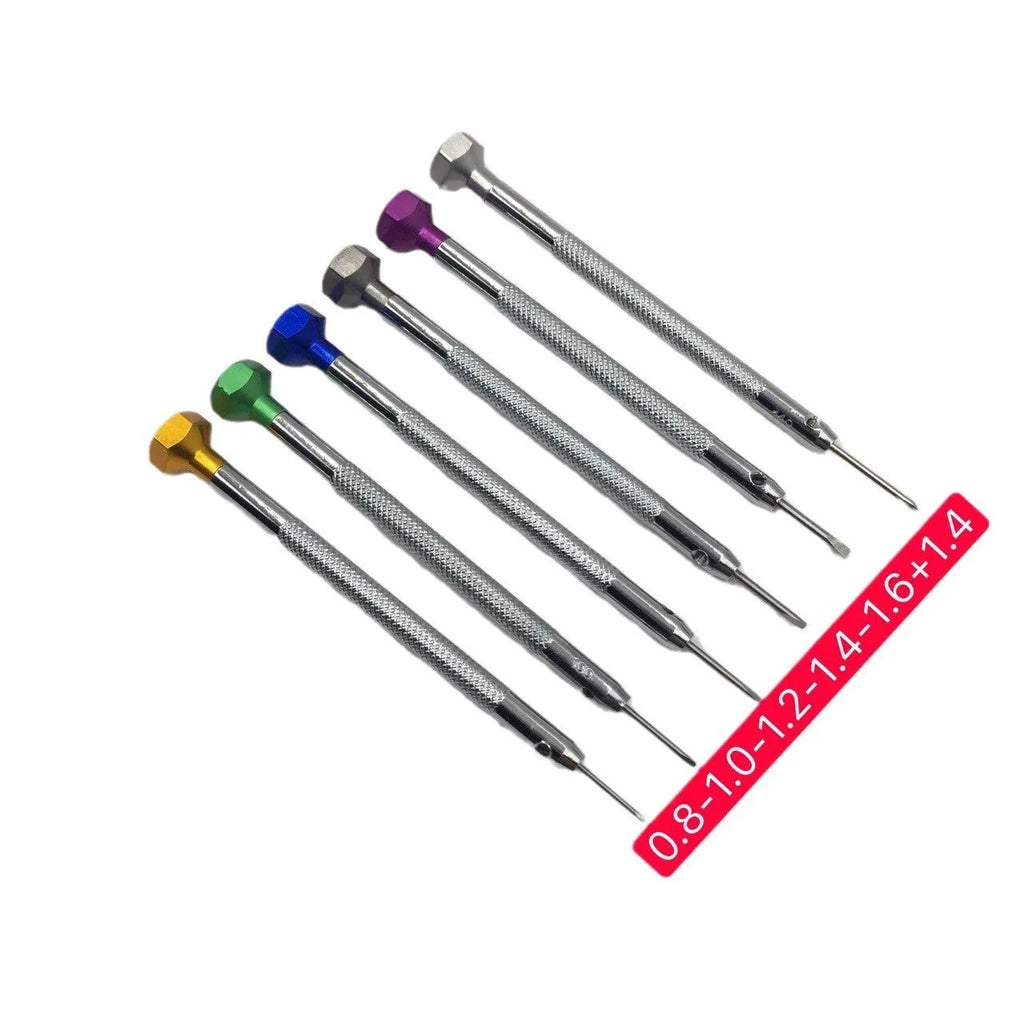 Six colour-coded aluminium handle screwdrivers for watch repair with spring steel cutter heads