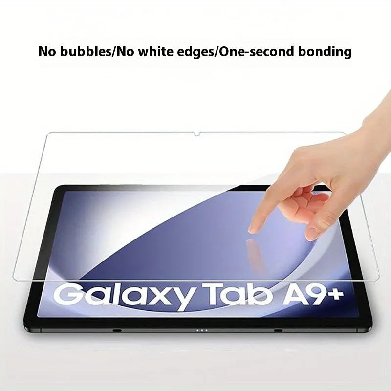 Tempered glass screen protector for Samsung Galaxy tablet next to a cattle leather storage pouch.