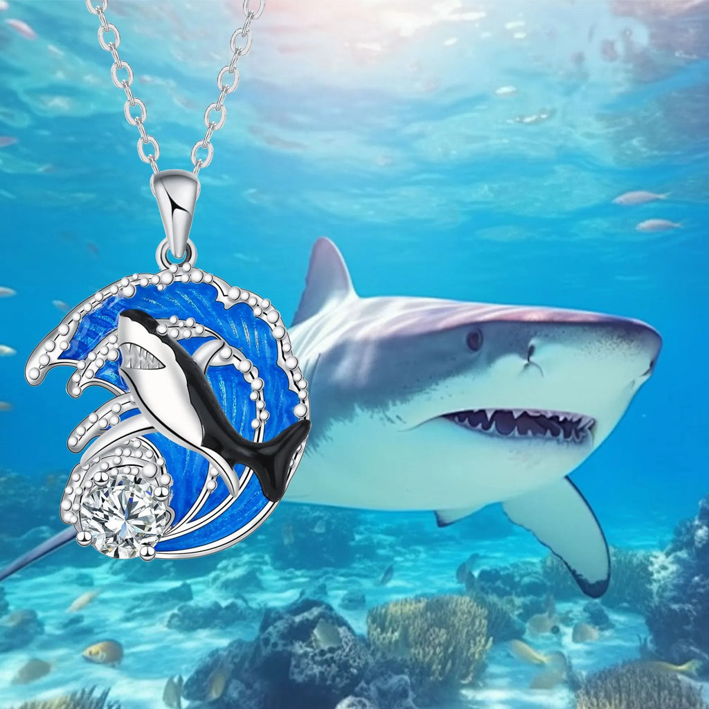 Shark necklace women's jewellery with copper animal pendant on cross chain, silver-tone finish