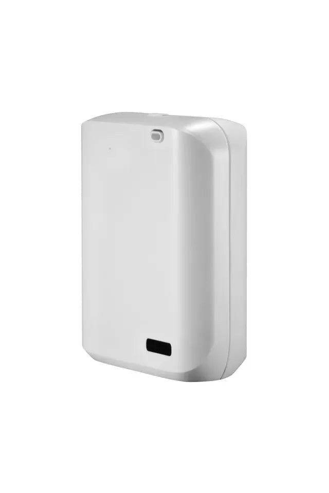 HVAC wall mount diffuser with app control in white or black colour, showing dimensions and plug adapter options